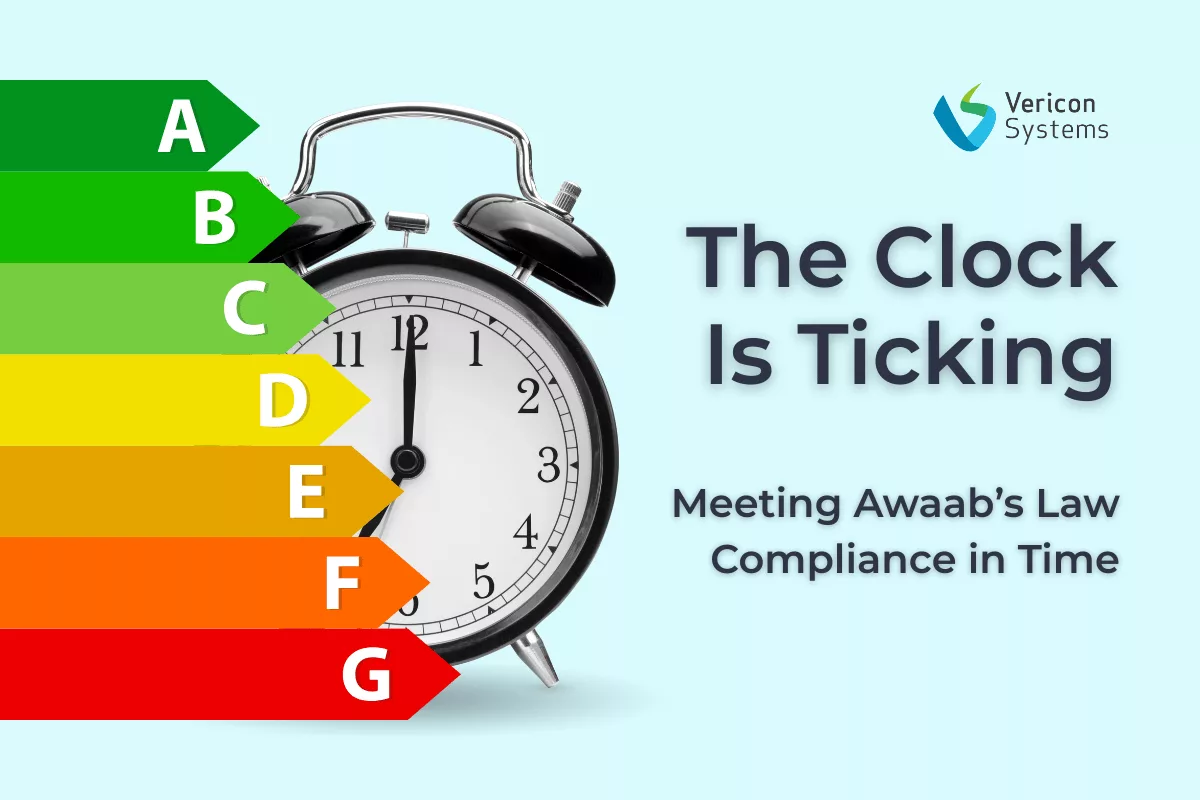 Digital banner with a large clock and the text ‘The Clock is Ticking: Meeting Awaab’s Law Compliance in Time’ promoting Vericon Systems’ compliance blog.